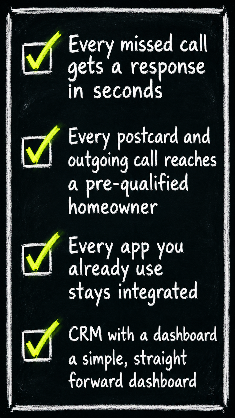 Every missed call gets a response in seconds. Every postcard and outgoing call reaches a pre-qualified homeowner. Every app you already use stays integrated. CRM with a dashboard — a simple, straightforward dashboard.
